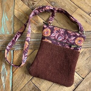 Green Jute Floral Crossbody Bag Zipper Pockets Woven Purse